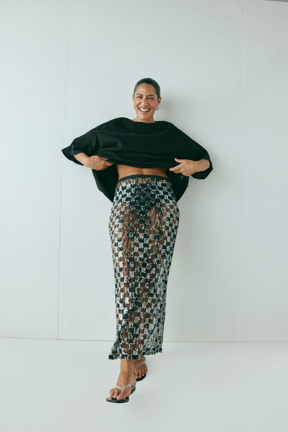 Devyn Sequin Midi Skirt Black