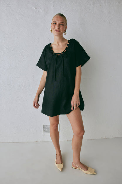 Nellie Linen Mini Dress Black