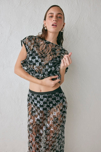 Devyn Sequin Midi Skirt Black