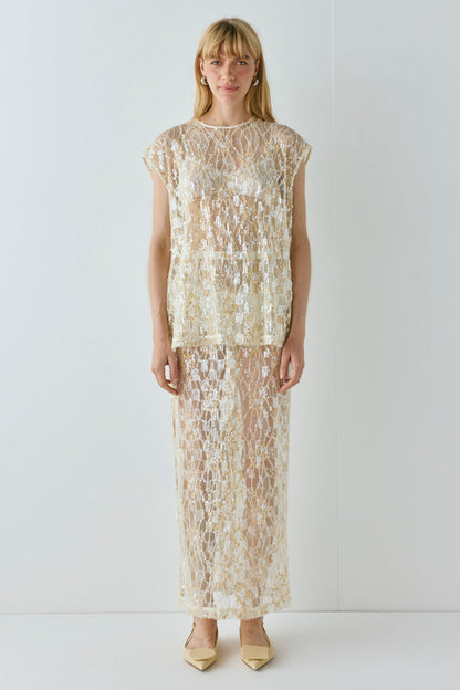 Devyn Sequin Midi Skirt Apricot